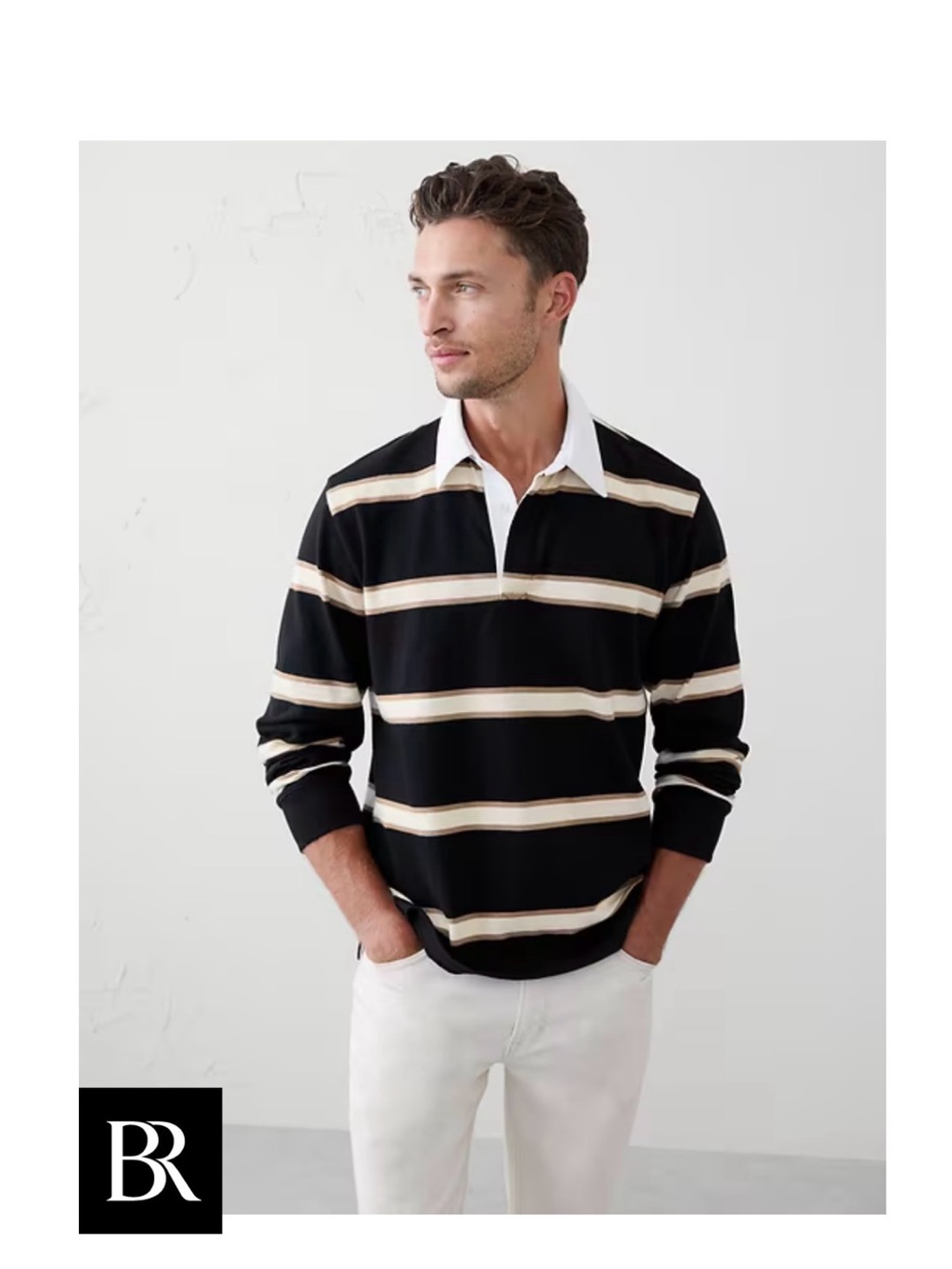 Banana Republic Black Striped Rugby Shirt with White Collar